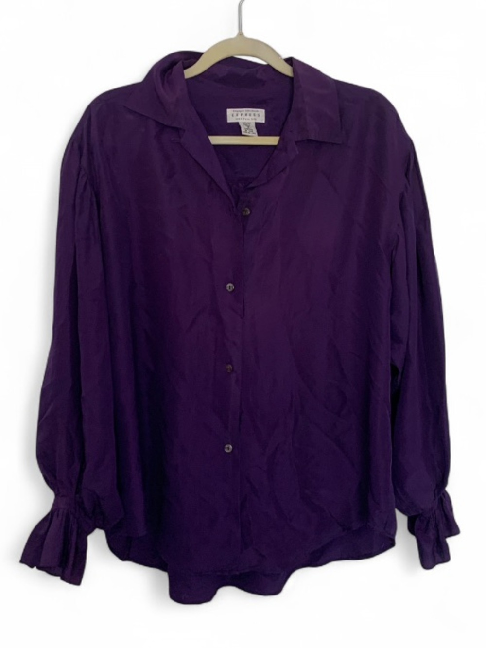 Y2K Express Silk Oversized Deep Purple Button-Down Puff Long Sleeve Blouse